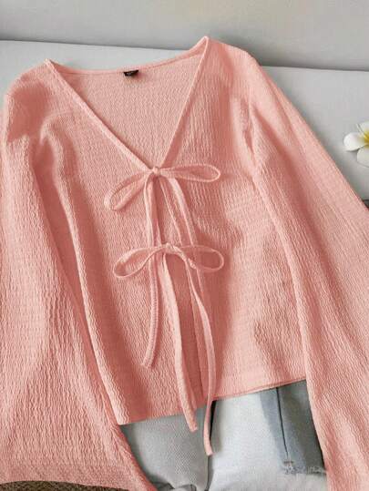 SHEIN LUNE ملابس علوية نسائية كاجوال بأكمام واسعة وربطة أمامية، لون أحادي ملمس، ملابس خريفية بفيونكة، بلوزات محبوكة جميلة، ملابس كوتاجكور، ملابس علوية كنزة كاجوال