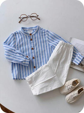 SHEIN مجموعة ملابس طفل ولد/بنت مكونة من قميص أكمام طويلة بياقة مخططة باللون الأزرق والأبيض وبنطال أبيض ضيق، مريحة وعملية للموضة اليومية المدرسية، مناسبة للارتداء الداخلي والخارجي، اليومي والرياضي والحفلات والتصوير في فصل الخريف/الشتاء