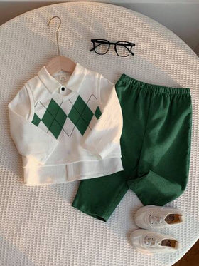 SHEIN 3 قطع ملابس للأطفال الصبيان تشمل صدرية أرجايل كاجوال، قميص أبيض، وبنطلون أزرق كاجوال، مناسبة لحفلات عيد الميلاد، الحفلات المسائية، المناسبات، حفلات استقبال المولود الجديد، المعمودية، واحتفالات عيد الميلاد الأول