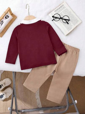 SHEIN Playful Pals طقم طفل ولد، ملابس علوية بولو طويلة الأكمام مريحة مصنوعة من الأكريليك 2 في 1 مع بنطال خصر مطاطي كاجوال، تصميم فريد مناسب للخريف كالعطلات والاستخدام اليومي وما شابه