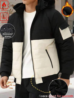Manfinity Homme معطف طويل الأكمام مبطن حراري مع قبعة قابلة للإزالة، سحاب أمامي، بطانة فرو، دافئ وأنيق، للخريف والشتاء