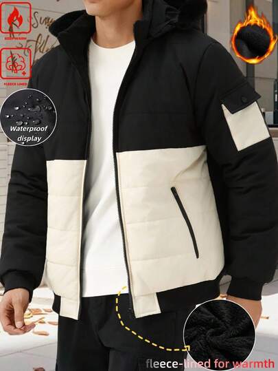 Manfinity Homme معطف طويل الأكمام مبطن حراري مع قبعة قابلة للإزالة، سحاب أمامي، بطانة فرو، دافئ وأنيق، للخريف والشتاء