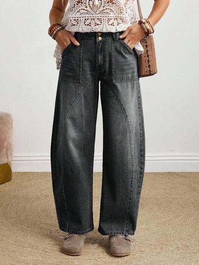 SHEIN Tall جينز جينز كاجوال يومي للنساء مع جيوب وأزرار