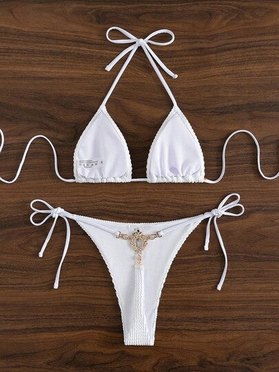 SHEIN Swim محكم رسن مثلث حمالة صدر & ربطة جانبي سلسلة V. لباس قيعان 2قطع بدلة سباحة