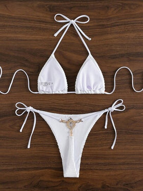 SHEIN Swim محكم رسن مثلث حمالة صدر & ربطة جانبي سلسلة V. لباس قيعان 2قطع بدلة سباحة