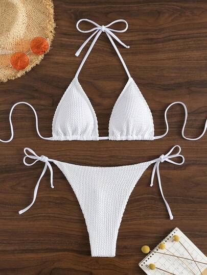 SHEIN Swim محكم رسن مثلث حمالة صدر & ربطة جانبي سلسلة V. لباس قيعان 2قطع بدلة سباحة