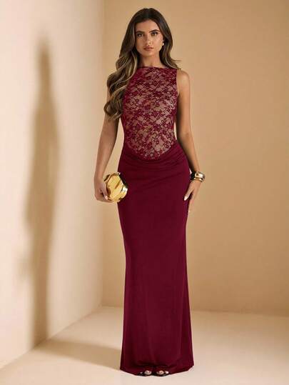 SHEIN BAE فستان أنيق أسود بدون أكمام من الدانتيل والتريكو، مناسب للزفاف والوصيفات وضيوف الزفاف