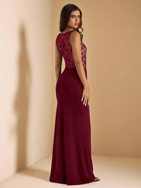 SHEIN BAE فستان أنيق أسود بدون أكمام من الدانتيل والتريكو، مناسب للزفاف والوصيفات وضيوف الزفاف