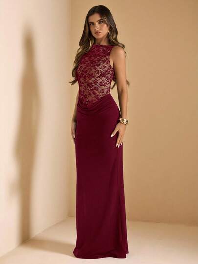 SHEIN BAE فستان أنيق أسود بدون أكمام من الدانتيل والتريكو، مناسب للزفاف والوصيفات وضيوف الزفاف