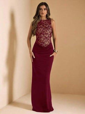 SHEIN BAE فستان أنيق أسود بدون أكمام من الدانتيل والتريكو، مناسب للزفاف والوصيفات وضيوف الزفاف
