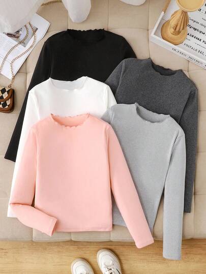 SHEIN قمصان داخلية طويلة الأكمام محبوكة بألوان سادة مرنة للفتيات المراهقات، مناسبة للارتداء اليومي والمدرسي في فصلي الخريف والشتاء، ضرورية وعملية، تناسب الأم والابنة