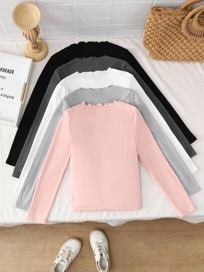 SHEIN قمصان داخلية طويلة الأكمام محبوكة بألوان سادة مرنة للفتيات المراهقات، مناسبة للارتداء اليومي والمدرسي في فصلي الخريف والشتاء، ضرورية وعملية، تناسب الأم والابنة
