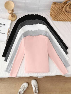 SHEIN قمصان داخلية طويلة الأكمام محبوكة بألوان سادة مرنة للفتيات المراهقات، مناسبة للارتداء اليومي والمدرسي في فصلي الخريف والشتاء، ضرورية وعملية، تناسب الأم والابنة
