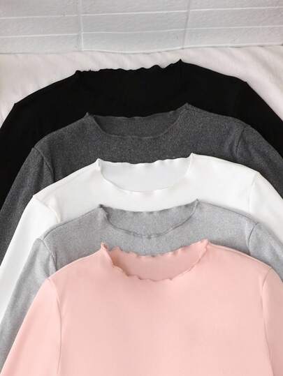 SHEIN قمصان داخلية طويلة الأكمام محبوكة بألوان سادة مرنة للفتيات المراهقات، مناسبة للارتداء اليومي والمدرسي في فصلي الخريف والشتاء، ضرورية وعملية، تناسب الأم والابنة