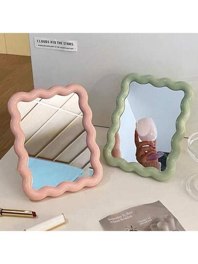 مرآة مكياج جميلة قطعة واحدة، بتصميم موجي كريمي، للوضع على الطاولة أو التركيب على الحائط، مناسبة للسكن الجامعي والمكتب والمكياج، سعر معقول، ديكور الغرفة، مرآة الزينة، السفر، غرفة النوم، اكسسوارات المكياج، مرآة، مرآة الزينة، مرآة صغيرة، مرآة مدمجة، مرآة صغي