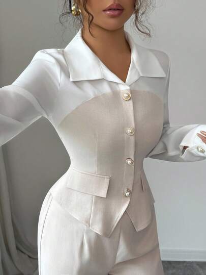 SHEIN Elenzya بدلة أنيقة للخروج والعمل في الخريف، قميص بياقة مزينة بأزرار اللؤلؤ وخصر مخصر مع شق وأكمام طويلة + بنطال ذو خصر مطاطي وساق واسعة، مناسبة لعيد المعلم، العطلات، عيد الاستقلال