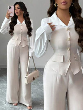 SHEIN Elenzya بدلة أنيقة للخروج والعمل في الخريف، قميص بياقة مزينة بأزرار اللؤلؤ وخصر مخصر مع شق وأكمام طويلة + بنطال ذو خصر مطاطي وساق واسعة، مناسبة لعيد المعلم، العطلات، عيد الاستقلال