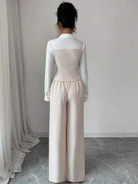 SHEIN Elenzya بدلة أنيقة للخروج والعمل في الخريف، قميص بياقة مزينة بأزرار اللؤلؤ وخصر مخصر مع شق وأكمام طويلة + بنطال ذو خصر مطاطي وساق واسعة، مناسبة لعيد المعلم، العطلات، عيد الاستقلال