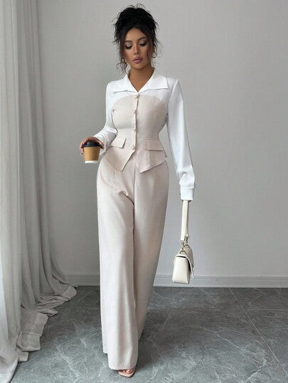 SHEIN Elenzya بدلة أنيقة للخروج والعمل في الخريف، قميص بياقة مزينة بأزرار اللؤلؤ وخصر مخصر مع شق وأكمام طويلة + بنطال ذو خصر مطاطي وساق واسعة، مناسبة لعيد المعلم، العطلات، عيد الاستقلال
