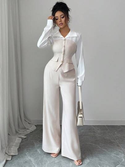 SHEIN Elenzya بدلة أنيقة للخروج والعمل في الخريف، قميص بياقة مزينة بأزرار اللؤلؤ وخصر مخصر مع شق وأكمام طويلة + بنطال ذو خصر مطاطي وساق واسعة، مناسبة لعيد المعلم، العطلات، عيد الاستقلال
