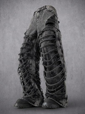 Manfinity Denimwave بنطلون جينز رجالي كاجوال ممزق مهترئ الحافة باللونين الأسود والرمادي، هدية عيد مثالية للحبيب والزوج