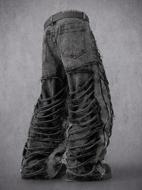 Manfinity Denimwave بنطلون جينز رجالي كاجوال ممزق مهترئ الحافة باللونين الأسود والرمادي، هدية عيد مثالية للحبيب والزوج