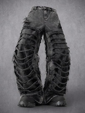 Manfinity Denimwave بنطلون جينز رجالي كاجوال ممزق مهترئ الحافة باللونين الأسود والرمادي، هدية عيد مثالية للحبيب والزوج