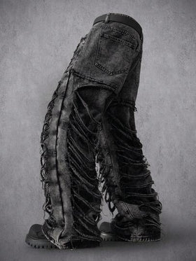 Manfinity Denimwave بنطلون جينز رجالي كاجوال ممزق مهترئ الحافة باللونين الأسود والرمادي، هدية عيد مثالية للحبيب والزوج