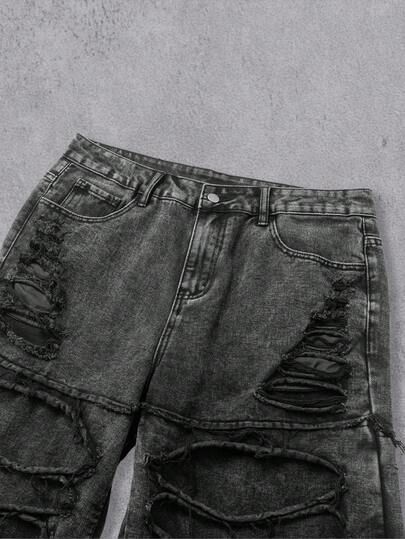 Manfinity Denimwave بنطلون جينز رجالي كاجوال ممزق مهترئ الحافة باللونين الأسود والرمادي، هدية عيد مثالية للحبيب والزوج