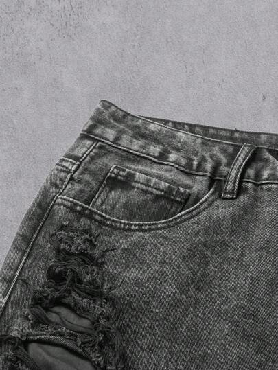 Manfinity Denimwave بنطلون جينز رجالي كاجوال ممزق مهترئ الحافة باللونين الأسود والرمادي، هدية عيد مثالية للحبيب والزوج