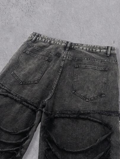 Manfinity Denimwave بنطلون جينز رجالي كاجوال ممزق مهترئ الحافة باللونين الأسود والرمادي، هدية عيد مثالية للحبيب والزوج