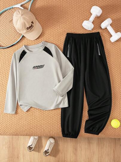 مجموعة من قطعتين للأولاد، تتكون من تي شيرت رياضية بأكمام راجلان وألوان متباينة وبنطال سحاب جيب مناسب للمدرسة والاستخدام اليومي والتدريب الرياضي