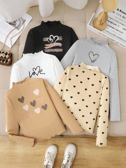 SHEIN قمصان داخلية طويلة الأكمام محبوكة بخامة مرنة ذات لون أحادي للفتيات المراهقات، مناسبة للارتداء اليومي والمدرسي في فصلي الخريف والشتاء، ضرورية وعملية، تناسب الأم والابنة