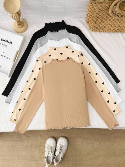SHEIN قمصان داخلية طويلة الأكمام محبوكة بخامة مرنة ذات لون أحادي للفتيات المراهقات، مناسبة للارتداء اليومي والمدرسي في فصلي الخريف والشتاء، ضرورية وعملية، تناسب الأم والابنة