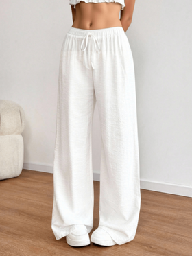 بنطلون نسائي صيفي بوهيمي بسيط للعطلات والاستخدام اليومي، مصنوع من الكتان المريح منخفض الخصر واسع، بنطلون نسائي متعدد الاستخدامات واسع الساق مريح ناعم به رباط للاستخدام اليومي والعطلات، مناسب لجميع الفصول