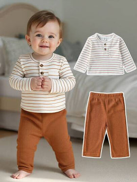 SHEIN Playful Pals طقم ملابس كامل للأطفال الصبيان، ملابس علوية بأكمام طويلة مخطط بطراز كلاسيكي وبنطال بلون متباين، مناسب للارتداء في الربيع/الخريف، للاستخدام اليومي، الحفلات، العطلات، الحديقة