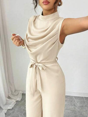 Elenzga جمبسوت أنيقة للنساء بياقة مندرين خضراء، أكمام مطوية بدون أكمام، خصر مضبوط، للربيع/الصيف