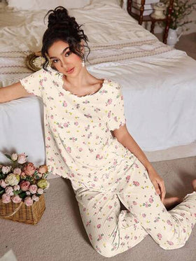 FloralLove مجموعة بيجامات نسائية مطبوعة بنقشة الزهور مع عقدة للزينة، مجموعات بيجامات نسائية، مجموعات ملابس نوم نسائية، مجموعة بيجامات نسائية مطبوعة بالزهور، مجموعة بيجامات نسائية مطبوعة بالزهور، مجموعات بيجامات نسائية