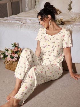 FloralLove مجموعة بيجامات نسائية مطبوعة بنقشة الزهور مع عقدة للزينة، مجموعات بيجامات نسائية، مجموعات ملابس نوم نسائية، مجموعة بيجامات نسائية مطبوعة بالزهور، مجموعة بيجامات نسائية مطبوعة بالزهور، مجموعات بيجامات نسائية