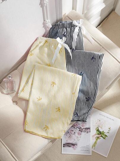 SHEIN مجموعة بنطلون للنساء مزينة بخطوط زرقاء وزهرية بشكل قلب وفيونكة، مجموعة بيجاما بنمط الليمون للخريف، شتوي