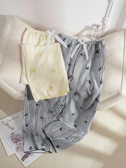 SHEIN مجموعة بنطلون للنساء مزينة بخطوط زرقاء وزهرية بشكل قلب وفيونكة، مجموعة بيجاما بنمط الليمون للخريف، شتوي
