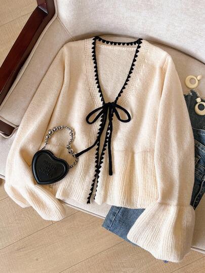 SHEIN Frenchy كارديجان قبل الربيع للنساء بأكمام طويلة وتصميم كاجوال، مطرز بألوان متباينة مع تفاصيل كشكشة على الحواف والأكمام، مناسب للارتداء اليومي