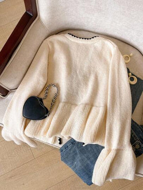 SHEIN Frenchy كارديجان قبل الربيع للنساء بأكمام طويلة وتصميم كاجوال، مطرز بألوان متباينة مع تفاصيل كشكشة على الحواف والأكمام، مناسب للارتداء اليومي