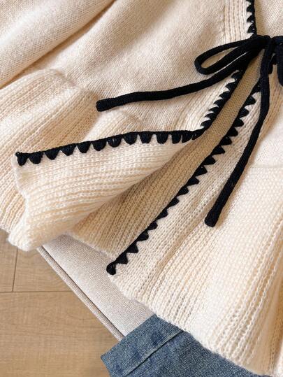 SHEIN Frenchy كارديجان قبل الربيع للنساء بأكمام طويلة وتصميم كاجوال، مطرز بألوان متباينة مع تفاصيل كشكشة على الحواف والأكمام، مناسب للارتداء اليومي