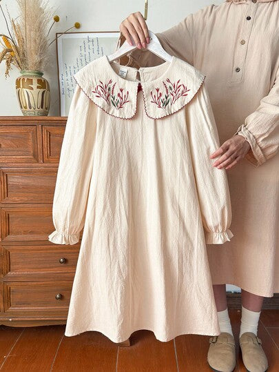 Vintaside Kids فستان أنيق بأكمام طويلة وياقة مطرزة للبنات، مناسب للارتداء اليومي العادي مثل الخروجات الخريفية والتخييم والتجمعات العائلية والحفلات