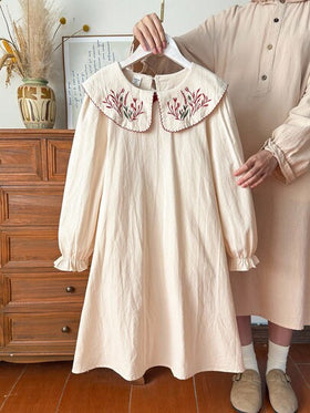 Vintaside Kids فستان أنيق بأكمام طويلة وياقة مطرزة للبنات، مناسب للارتداء اليومي العادي مثل الخروجات الخريفية والتخييم والتجمعات العائلية والحفلات