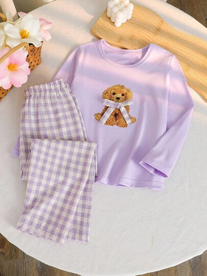 SHEIN Playful Pals مجموعة بيجامة بطبعة كلب كرتوني وفيونكة للبنات، تتكون من ملابس علوية كم طويل وبنطلون