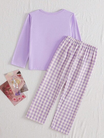 SHEIN Playful Pals مجموعة بيجامة بطبعة كلب كرتوني وفيونكة للبنات، تتكون من ملابس علوية كم طويل وبنطلون