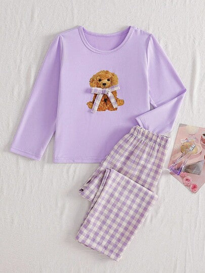 SHEIN Playful Pals مجموعة بيجامة بطبعة كلب كرتوني وفيونكة للبنات، تتكون من ملابس علوية كم طويل وبنطلون
