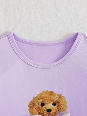 SHEIN Playful Pals مجموعة بيجامة بطبعة كلب كرتوني وفيونكة للبنات، تتكون من ملابس علوية كم طويل وبنطلون